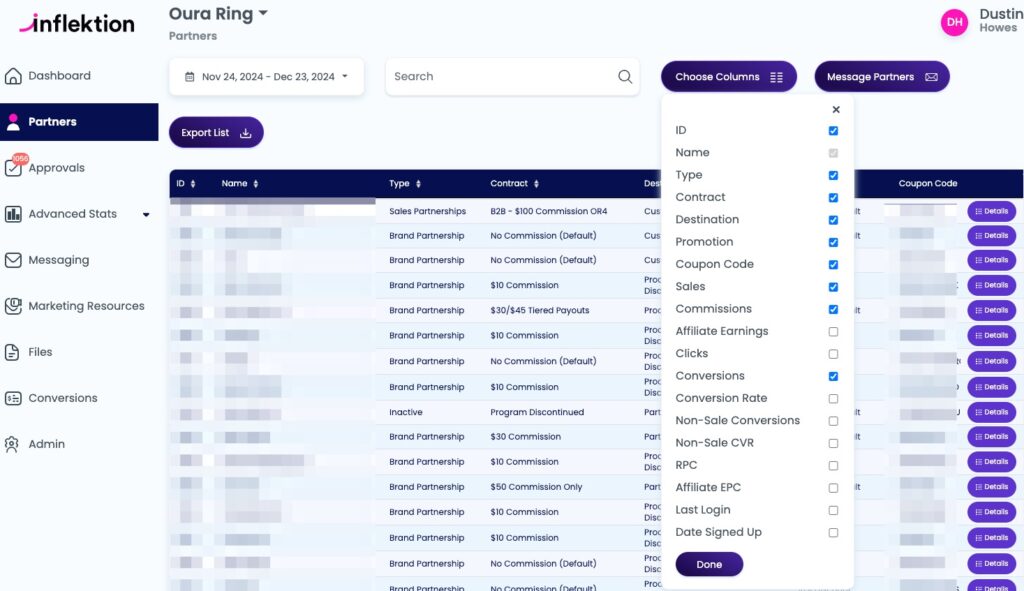 Inflektion's affiliate program dashboard